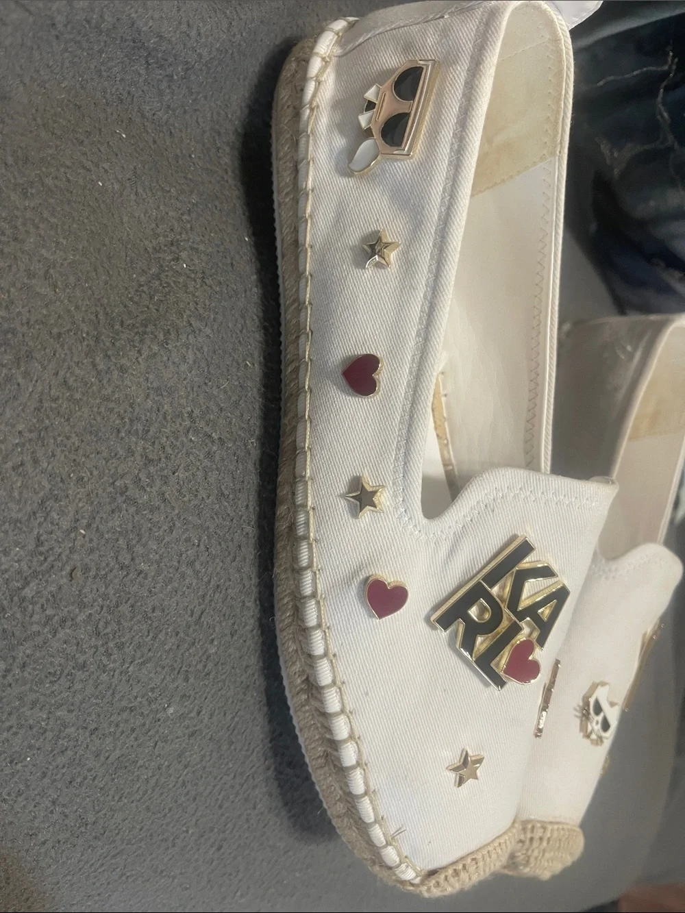 Karl Lagerfeld White Canvas Espadrilles with Gold Logo & Red Heart Accents